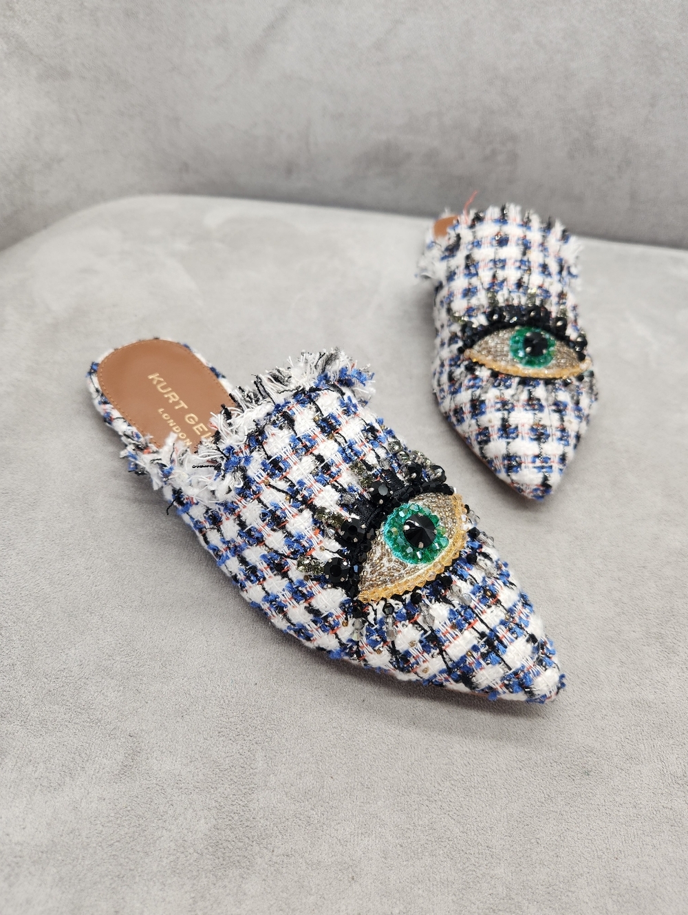 Kurt Geiger Mules 5 Blue White Tweed Plaid Olive Eye Fray Beaded Pointy New $195 - Picture 6 of 17